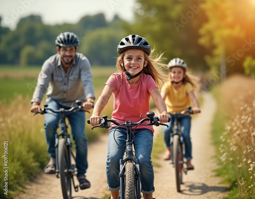 Family bike ride on sunny day. Father and two daughters cycle together. Happy children enjoy outdoor activity. Family cycling on country road. Healthy lifestyle fun summer adventure.