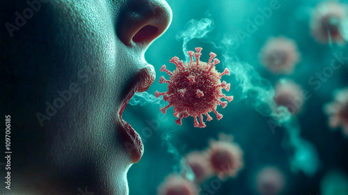 Viral particles surrounding a person's mouth, illustrating the transmission of airborne pathogens during health crises. Generative AI