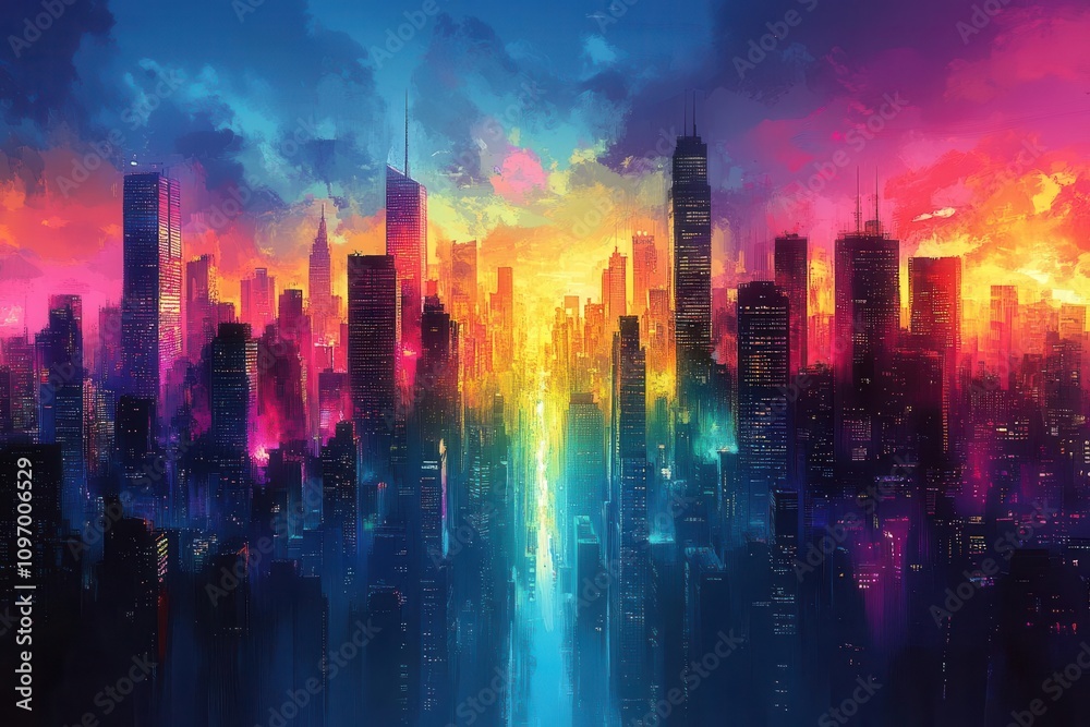 Obraz premium comic book-style depiction of a vibrant downtown city skyline, exaggerated colors and dynamic lines creating a sense of movement and energy, with iconic buildings towering against a bright blue sky