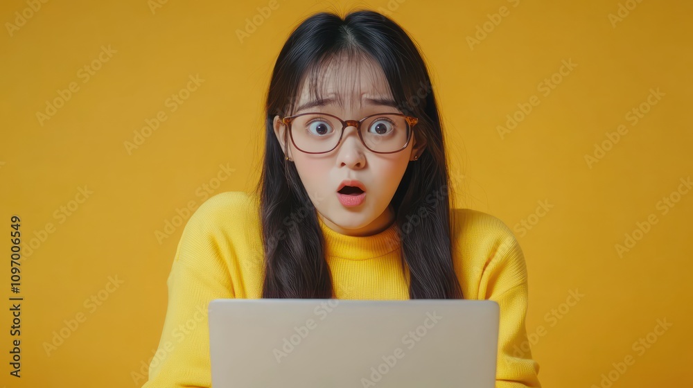 shocked girl using laptop wearing glasses on a yellow background shocked girl using laptop wearing glasses on a yellow background
