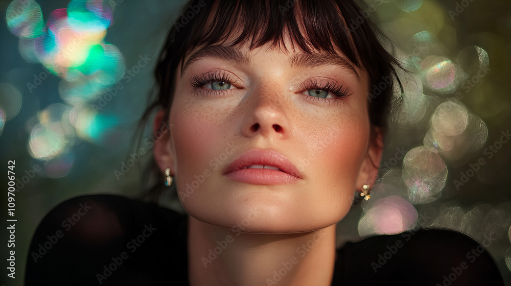 Beautiful model displays flawless makeup while posing under colorful lights in a dreamy setting Beautiful model displays flawless makeup while posing under colorful lights in a dreamy setting