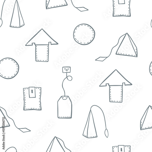 Hand drawn different types of tea bags seamless pattern