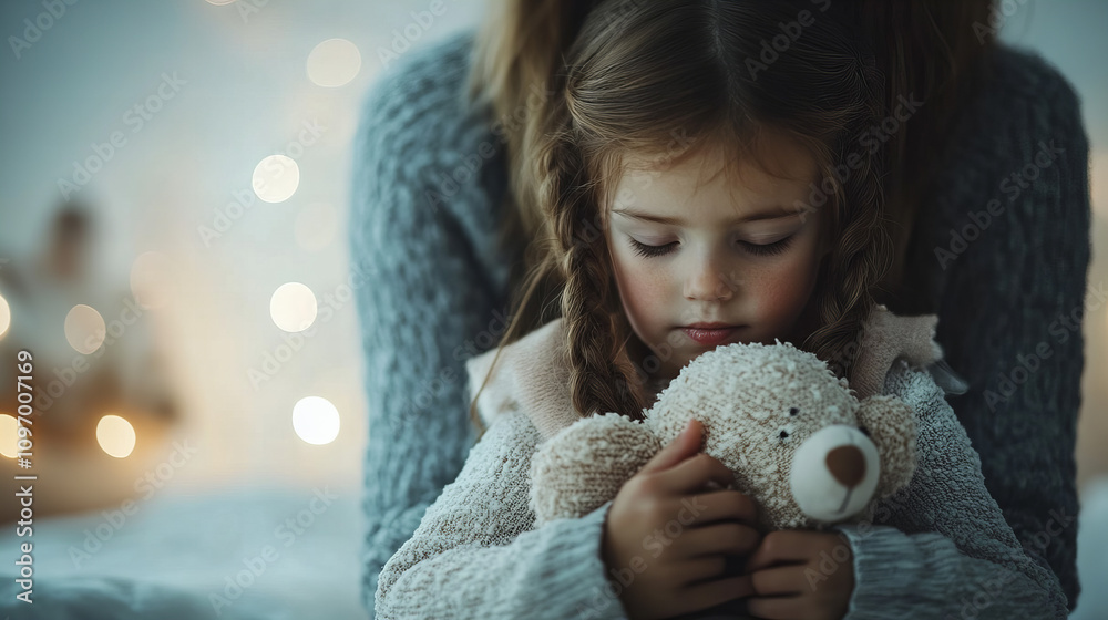 Child cuddles teddy bear while sitting quietly with mother in a cozy, warmly lit room during winter Child cuddles teddy bear while sitting quietly with mother in a cozy, warmly lit room during winter