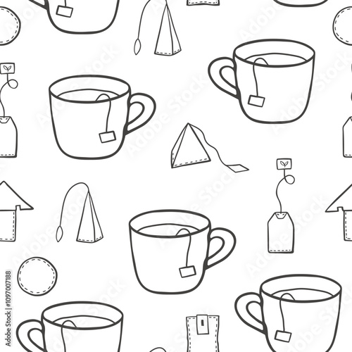 Hand drawn tea bags and cups seamless pattern