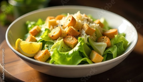 Classic Caesar salad in a large white bowl, featuring crisp romaine lettuce, golden croutons, and freshly grated parmesan cheese on top, garnished with black pepper and a slice of lemon on the side.