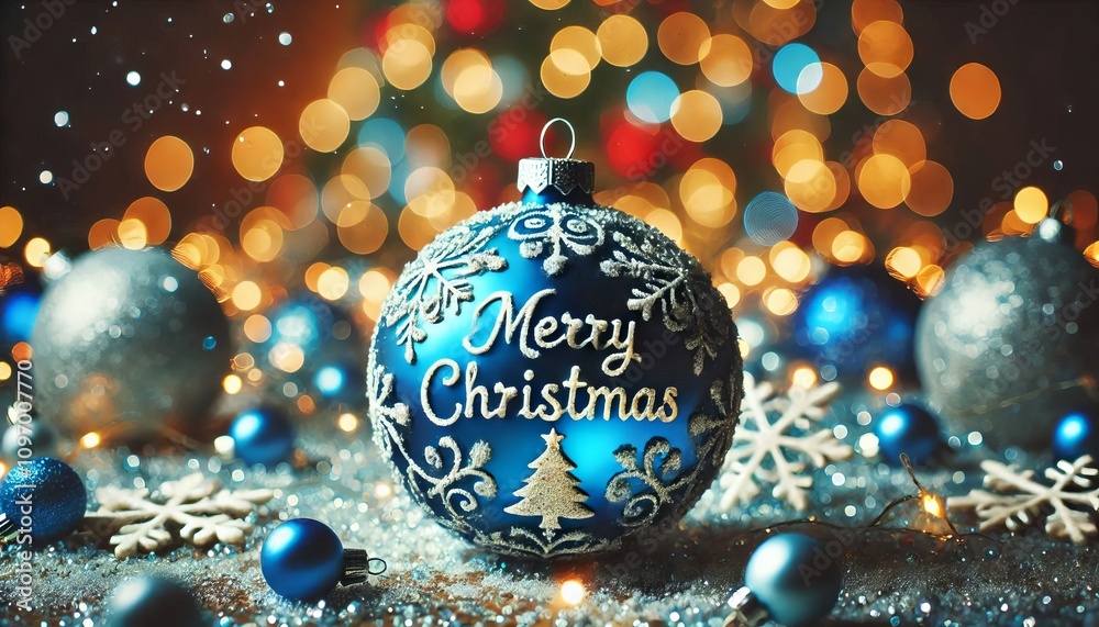Blue Christmas Ornament - Decorated Christmas Bauble Background with Merry Christmas Text - Christmas Ornament with Christmas Tree - Holiday Diffused Bokeh Wallpaper - Snow, Mistletoe and Presents Blue Christmas Ornament - Decorated Christmas Bauble Background with Merry Christmas Text - Christmas Ornament with Christmas Tree - Holiday Diffused Bokeh Wallpaper - Snow, Mistletoe and Presents