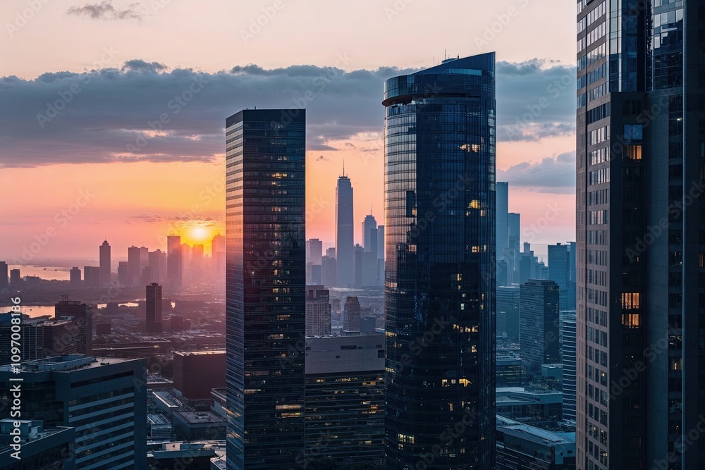 Fototapeta premium Sunrise Over Metropolitan Skyline in Softly Lit High-Rise Office Environment