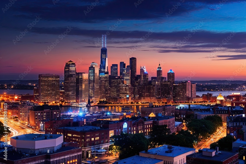 Fototapeta premium Vibrant City Skyline at Dusk Showcasing Stunning Urban Architecture and Bright City Lights