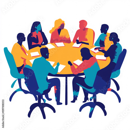 Abstract Illustration of Team Collaboration Around a Table with Colorful Speech Bubbles Representing Communication and Ideas