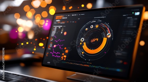 SAP software business Futuristic Data Visualization with Interactive Graphs and Bright Glow Effects on Monitor in Modern Workspace with Blurred Background Bokeh Lights