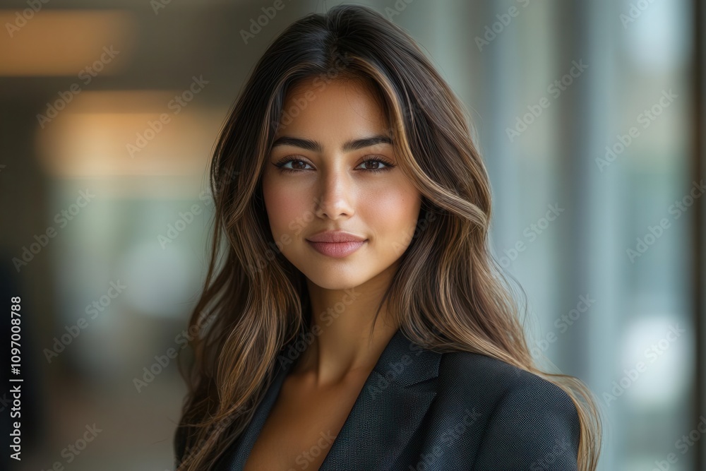 confident south asian woman in a tailored suit stands in a sleek, modern office, framed by large windows; her striking posture and expression radiate professionalism and poise confident south asian woman in a tailored suit stands in a sleek, modern office, framed by large windows; her striking posture and expression radiate professionalism and poise
