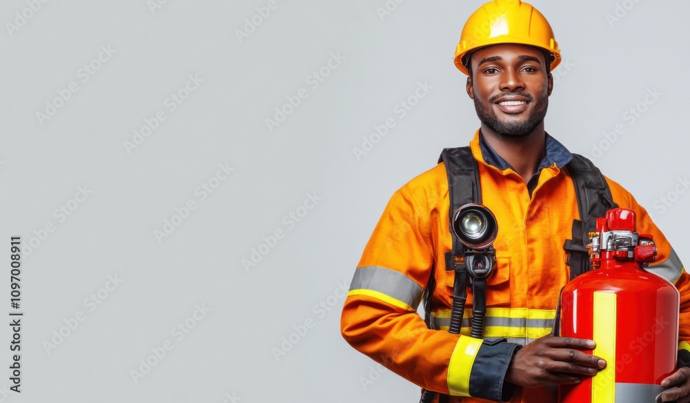 A smiling worker in safety gear holds a fire extinguisher, promoting safety and preparedness. A smiling worker in safety gear holds a fire extinguisher, promoting safety and preparedness.