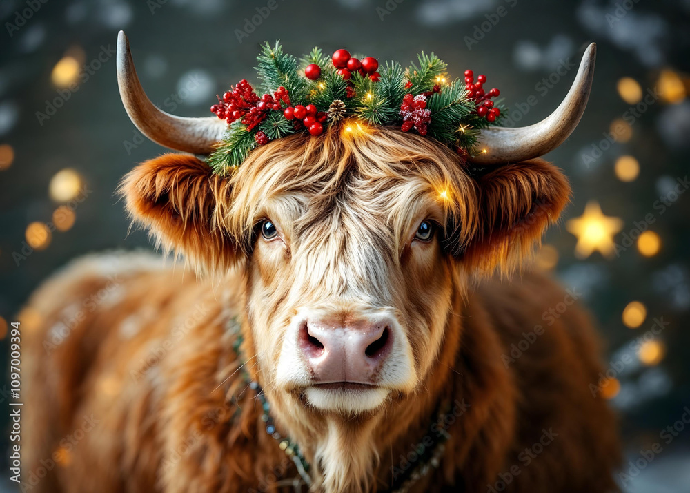 Cute cow cattle heifer bull highland longhorn with horns at Christmas in a snowy meadow field pasture in winter with cloudy sky decorated with a pine garland around its neck with red berries blossoms Cute cow cattle heifer bull highland longhorn with horns at Christmas in a snowy meadow field pasture in winter with cloudy sky decorated with a pine garland around its neck with red berries blossoms