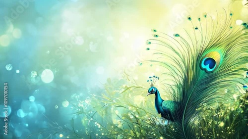 A vibrant peacock displaying its colorful feathers amidst a soft, dreamy background in a serene natural setting