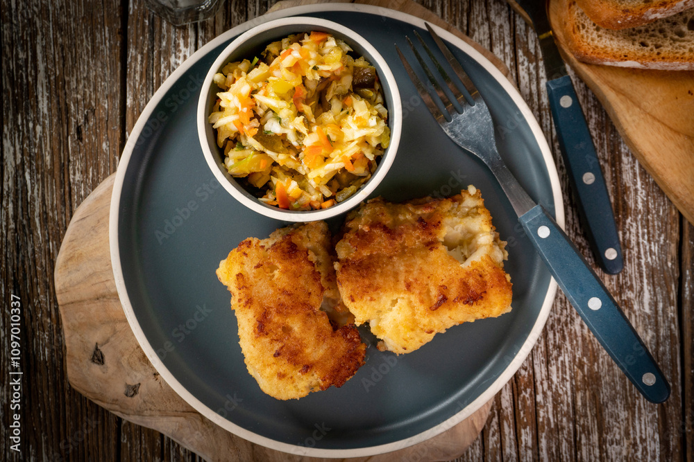Pieces of fried cod fillet.
