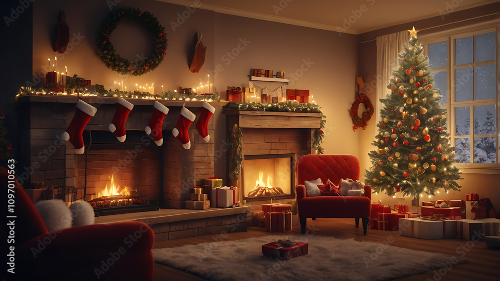 christmas tree with fireplace and gifts