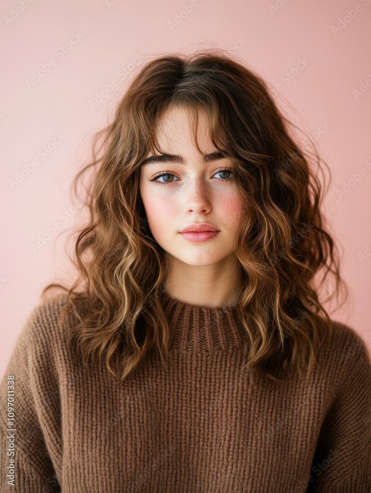 Young woman with curly hair posing against a pink background Young woman with curly hair posing against a pink background