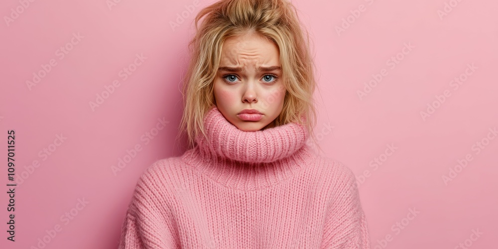 Young woman with pout in cozy pink sweater against pink background Young woman with pout in cozy pink sweater against pink background