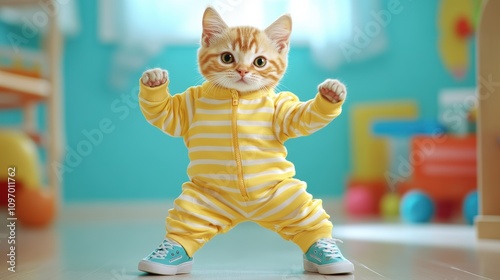 a charming ginger kitten dressed in a yellow striped onesie and blue sneakers standing in a playful stance. Set in a brightly lit room with toys, it exudes cuteness and charm.