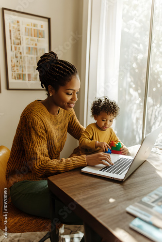 Happy woman juggling career and motherhood in a warm, creative space photo