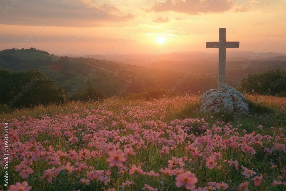 cross glimmers atop a grassy hill, surrounded by blooming wildflowers. soft light of dawn bathes the scene in a golden hue, evoking a sense of peace and reflection during holy week cross glimmers atop a grassy hill, surrounded by blooming wildflowers. soft light of dawn bathes the scene in a golden hue, evoking a sense of peace and reflection during holy week