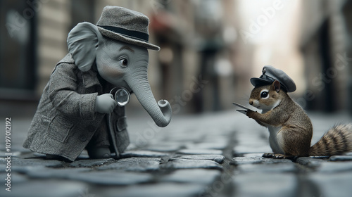 Detective elephant and squirrel investigating a quiet cobblestone street during a sunny afternoon