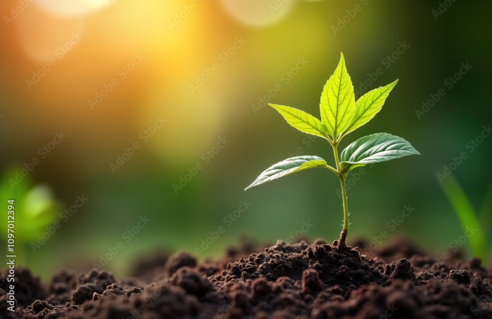 Young tree grows in garden at sunrise. Eco concept. Earth day. Plant growth. New life. Green leaf. Spring. Nature. Sustainable agriculture. Small sapling. Cultivated ground. Bright sunlight.