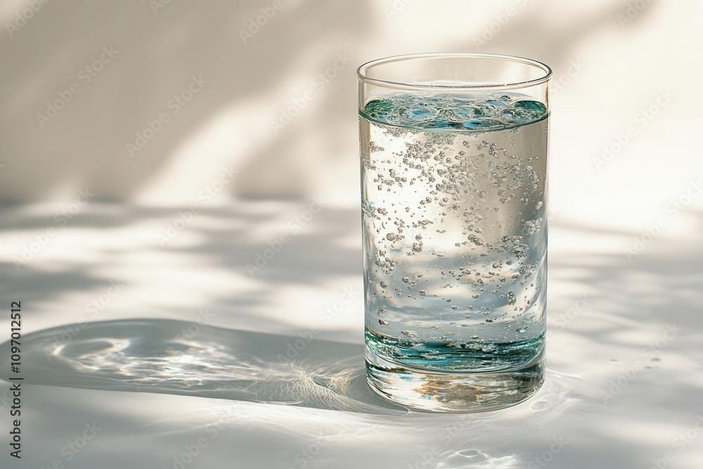 crystal clear water in a tall, elegant glass, reflecting light against a pristine white backdrop, emphasizing simplicity and purity with soft shadows crystal clear water in a tall, elegant glass, reflecting light against a pristine white backdrop, emphasizing simplicity and purity with soft shadows