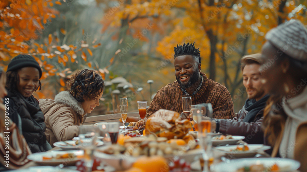 Multi-ethnic Group of Friends Enjoy a Holiday Meal Together Outdoors. Generative AI. Multi-ethnic Group of Friends Enjoy a Holiday Meal Together Outdoors. Generative AI.