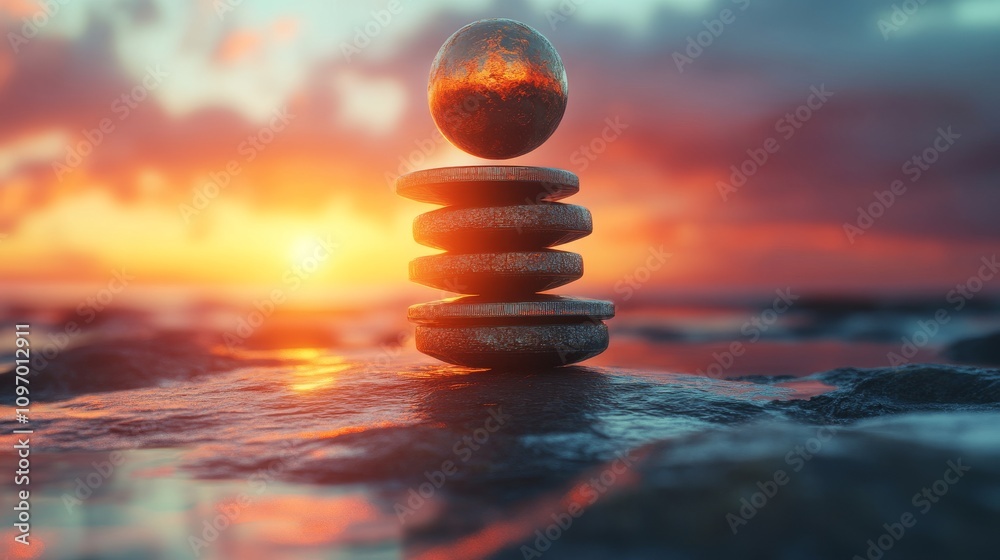 Obraz premium Balanced Sphere Atop Stacked Stones Sunset Scene