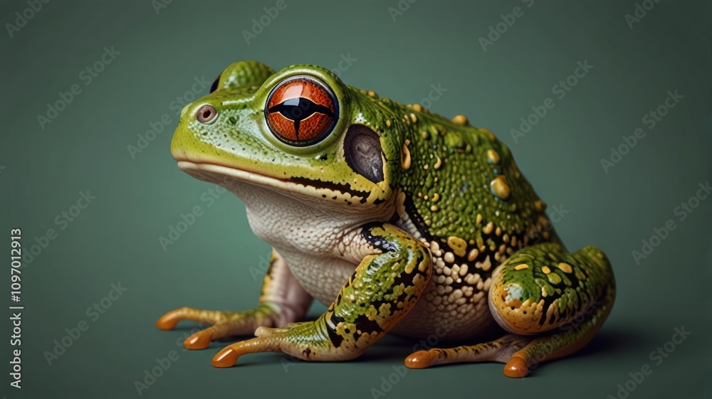 Close-up of a vibrant green frog with striking orange eyes, sitting on a muted green background. Close-up of a vibrant green frog with striking orange eyes, sitting on a muted green background.