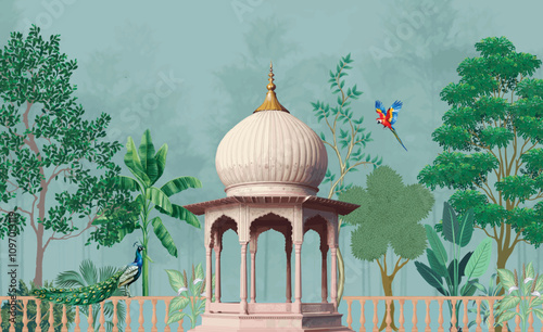 Mughal garden, arch, peacock, plant botanical landscape illustration. Traditional mughal garden arch forest wallpaper.