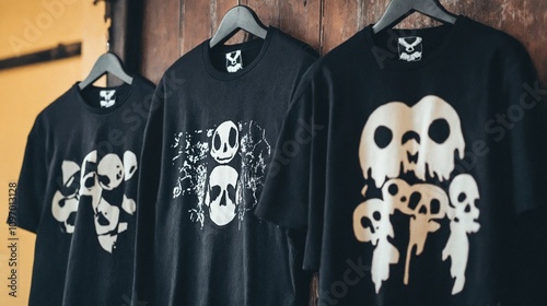 A row of black shirts with skulls on them hanging on a wall. photo