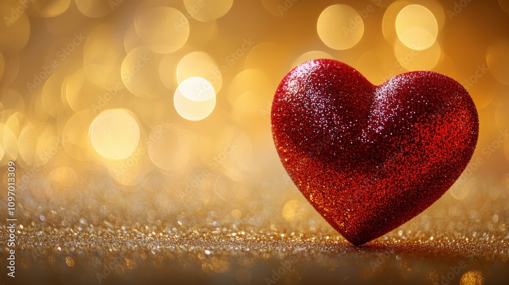 Glittering Red Heart Against a Golden Bokeh Background Glittering Red Heart Against a Golden Bokeh Background