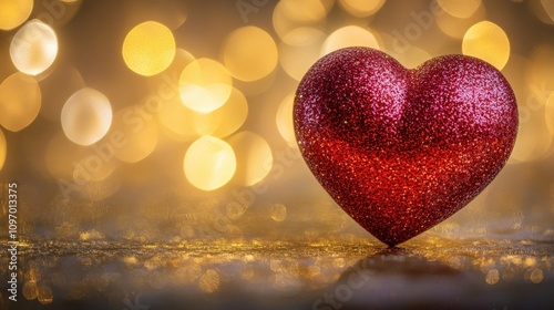 Glittering Red Heart Among Golden Bokeh Lights