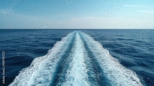 Cruise ship leaves a wake in the calm blue ocean under sunny skies photo