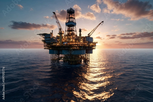 Offshore oil and gas remote platform in open sea/ocean at sunset, serene scene. Oil and gas produced platform under blue eve sky. Power generation petrochemical industry concept. Copy ad text space photo