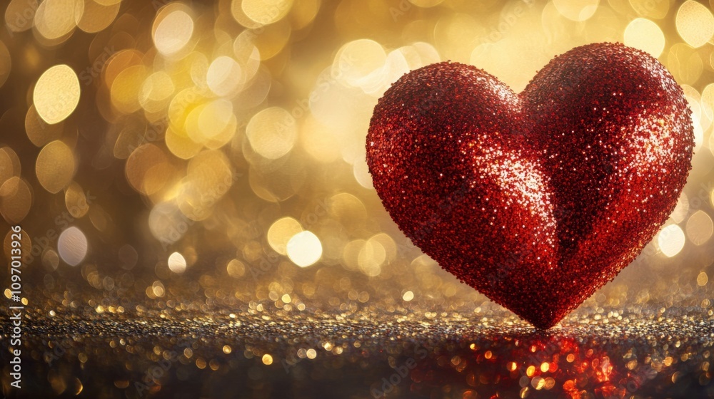 Sparkling Red Heart on a Golden Bokeh Background