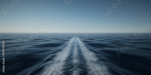 Tranquil ocean view with boat wake under clear blue sky photo