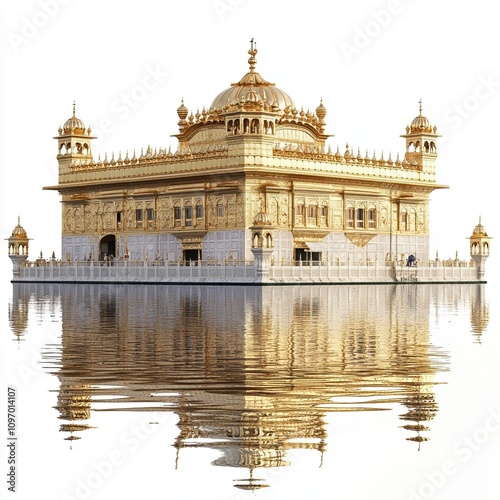Majestic golden temple reflected in serene water, showcasing intricate architecture against a clear white background.