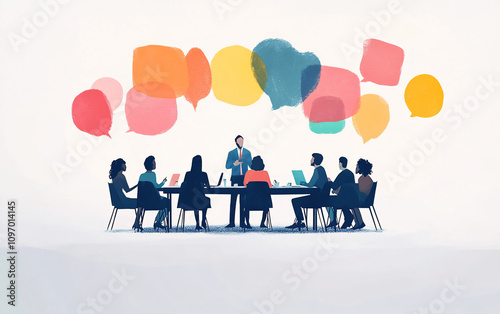 Abstract Illustration of Team Collaboration Around a Table with Colorful Speech Bubbles Representing Communication and Ideas photo