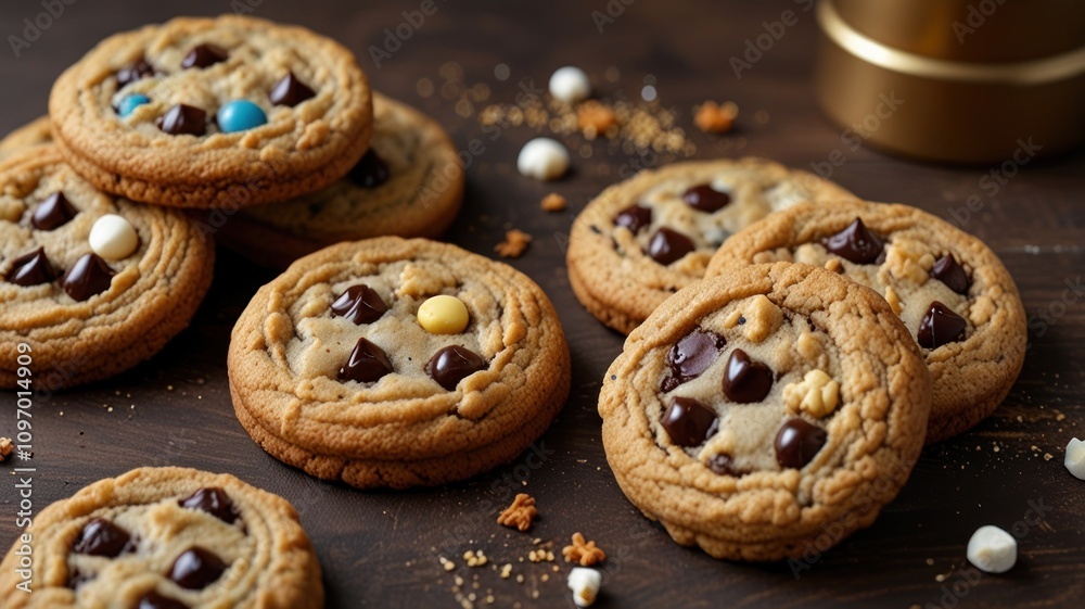 Delicious chocolate chip cookies with colorful candies on wooden table. Delicious chocolate chip cookies with colorful candies on wooden table.