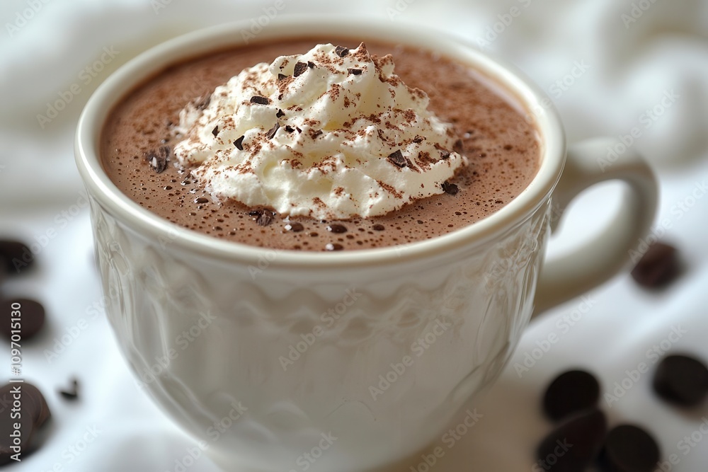 decadent hot chocolate topped with whipped cream, beautifully presented against a clean white background, epitomizing comfort and indulgence in a delicious winter treat