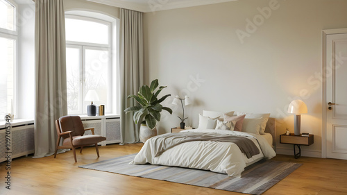 Minimalist bedroom with an empty wall and large windows. photo