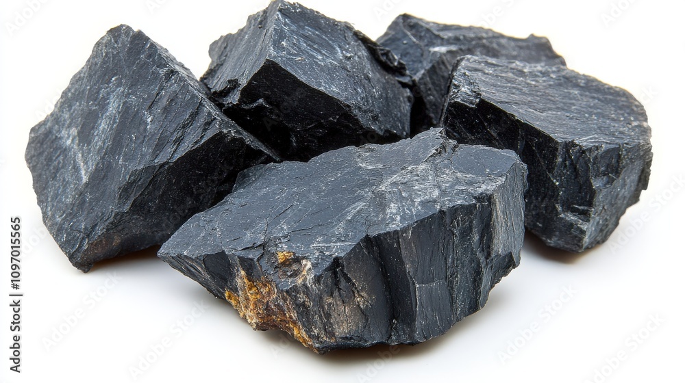 A collection of dark, rough rocks, possibly slate or coal, arranged on a white background. A collection of dark, rough rocks, possibly slate or coal, arranged on a white background.