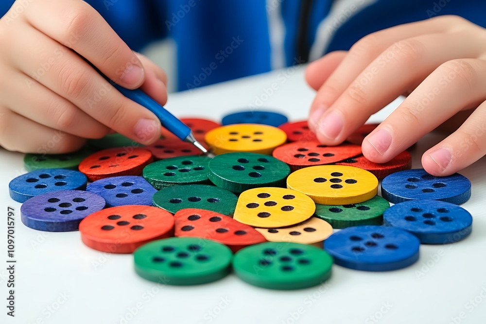 A child thoughtfully arranging wooden blocks into a colorful spiral on a white table A child thoughtfully arranging wooden blocks into a colorful spiral on a white table