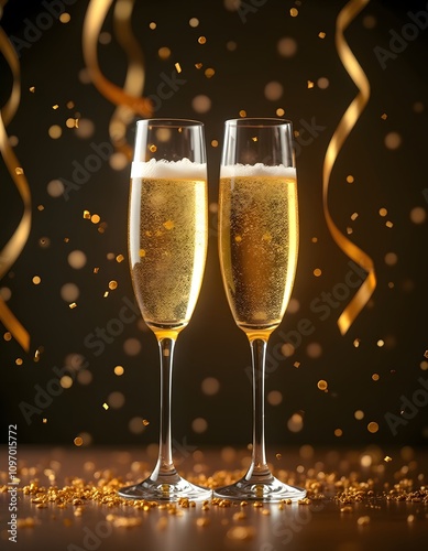 Close-up of champagne bubbles rising in crystal glasses on a golden tray