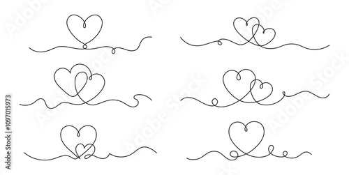 Heart continuous line. Hearts one line, falling in love and Valentines day concept for lovers. Minimalist romance heart linear design for wedding invitation. Handwritten vector set.