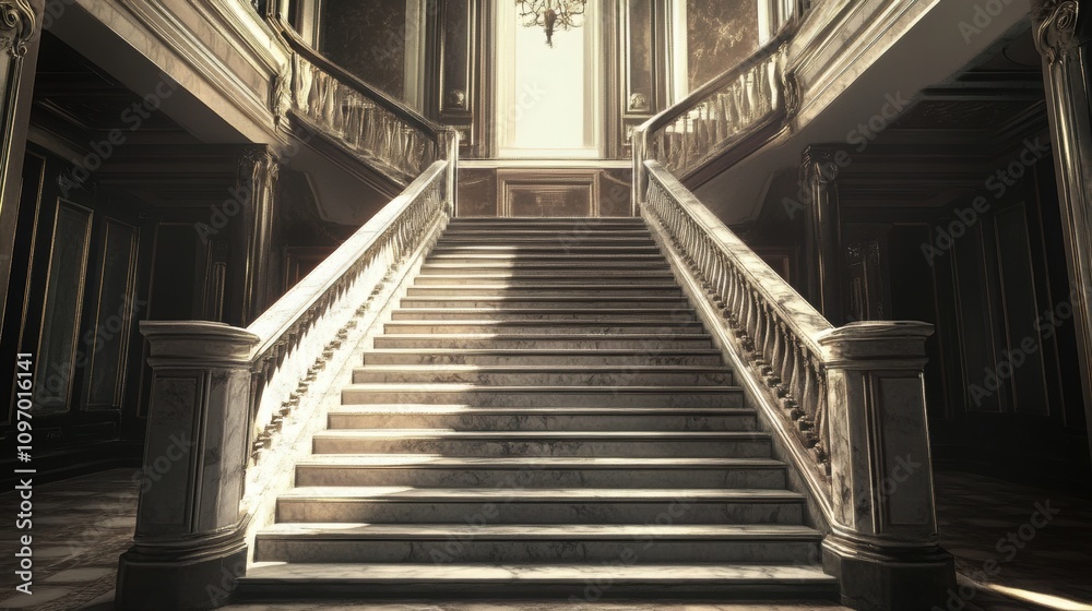 Fototapeta premium grand marble staircase in a historic building, with ornate handrails, elegant design