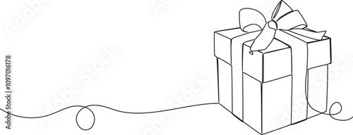 continuous single line drawing of wrapped gift box, line art vector illustration